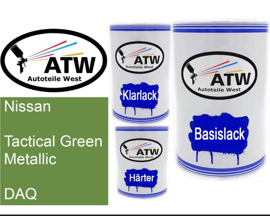 Nissan, Tactical Green Metallic, DAQ: 500ml Lackdose + 500ml Klarlack + 250ml Härter - Set, von ATW Autoteile West.